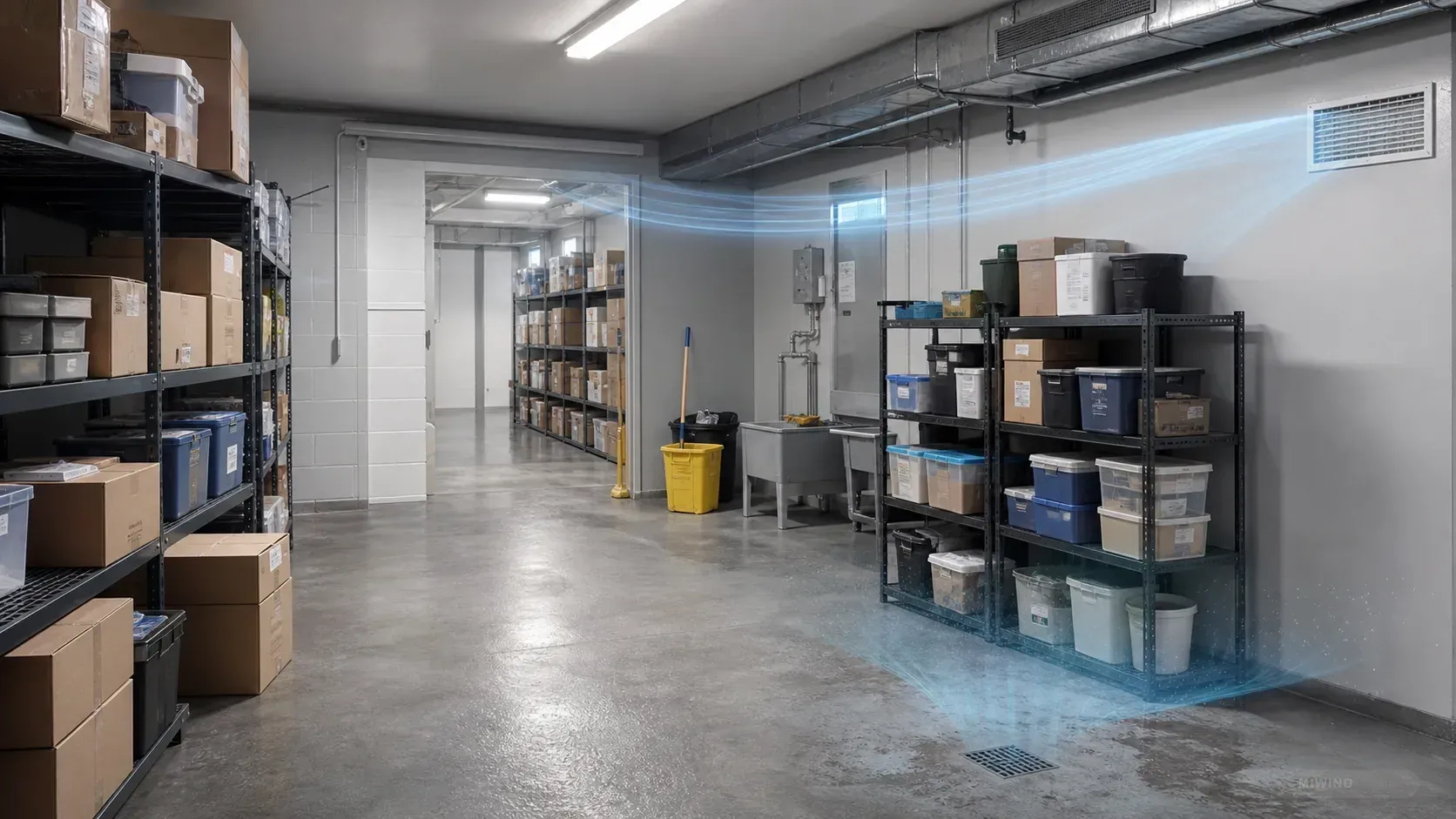 Basement storage room with moisture control and ventilation path