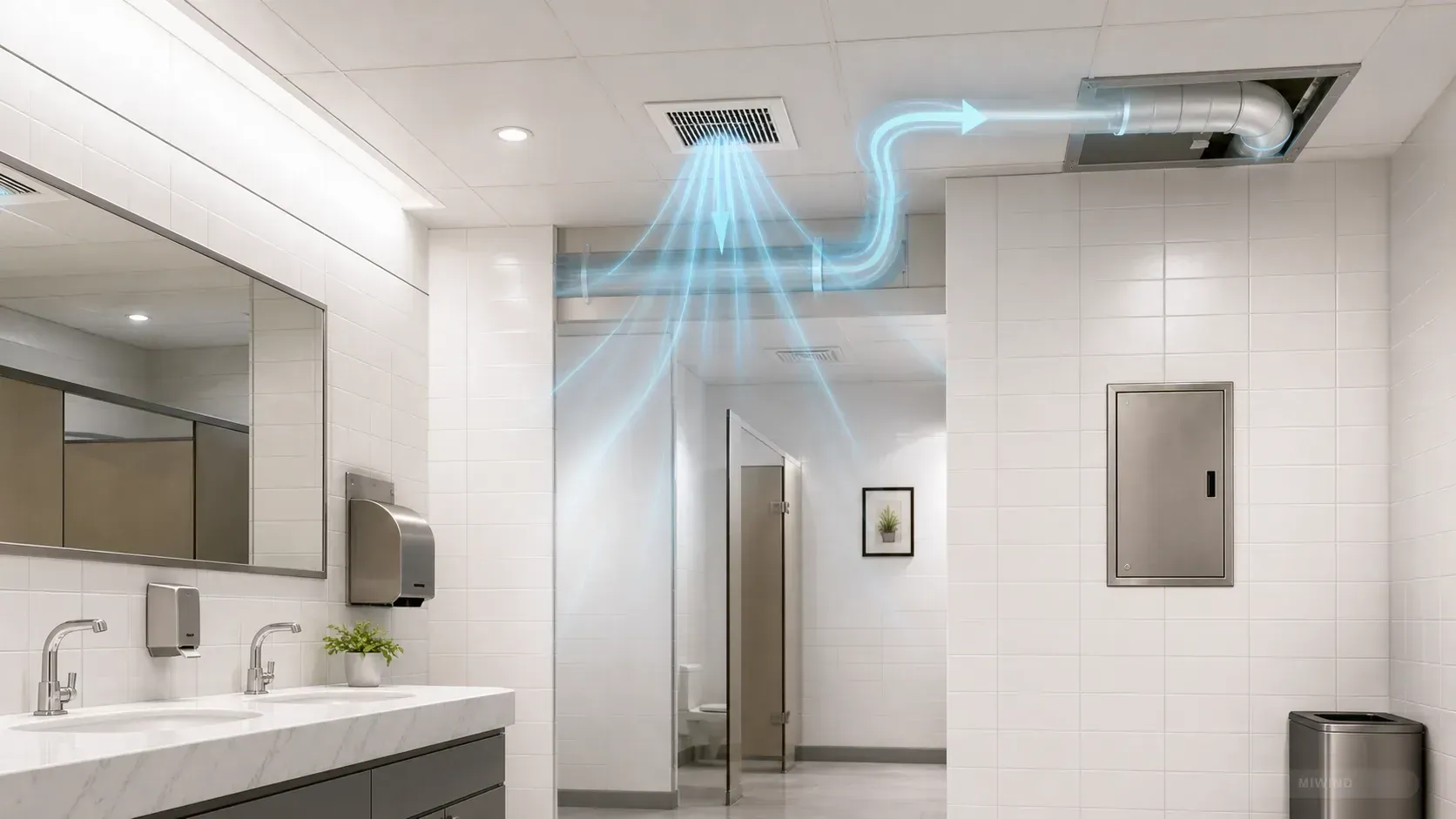 Commercial restroom with exhaust airflow and duct path