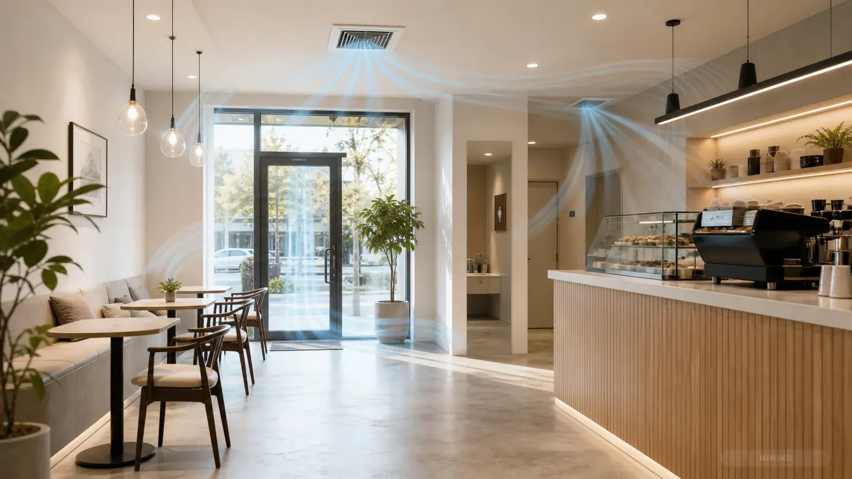 Small cafe interior with entrance comfort and fresh air paths