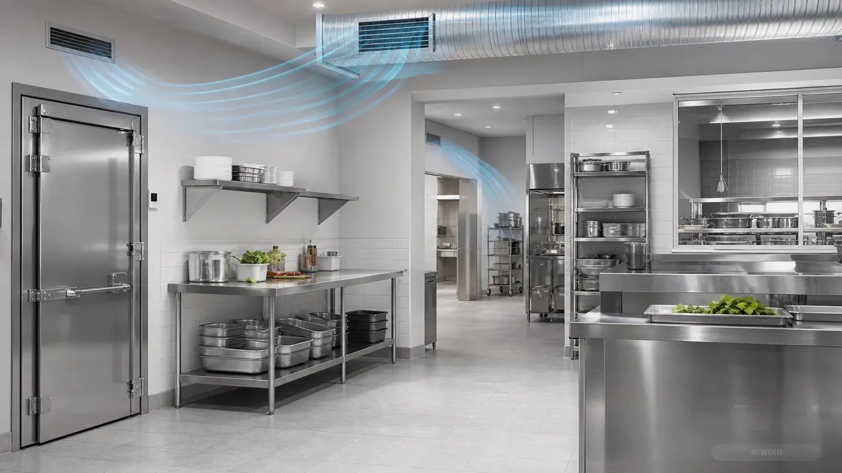 Commercial kitchen support area with ducted airflow paths