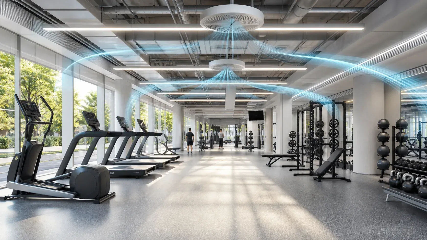 Fitness center with fresh air and humidity control airflow paths