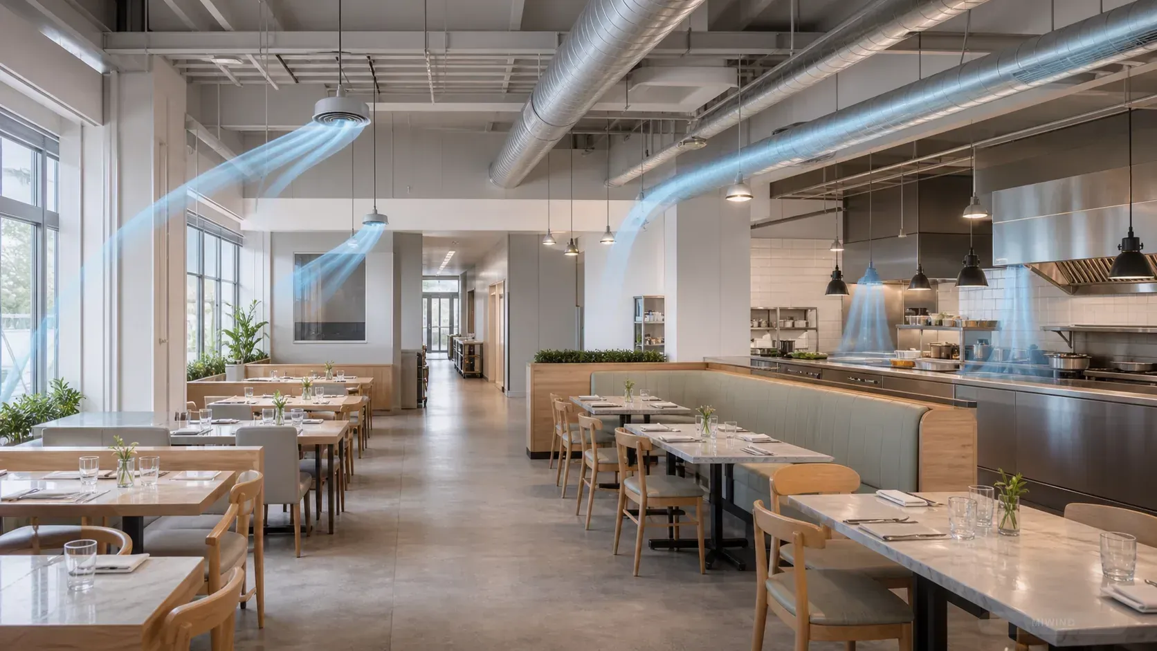 Restaurant dining room with fresh air and support ventilation paths