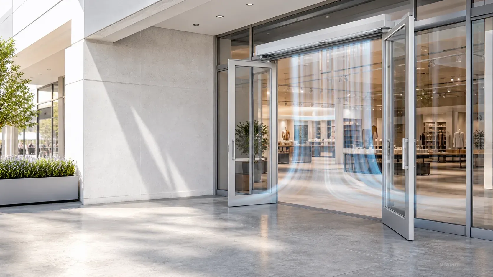 Retail storefront entrance with doorway airflow separation