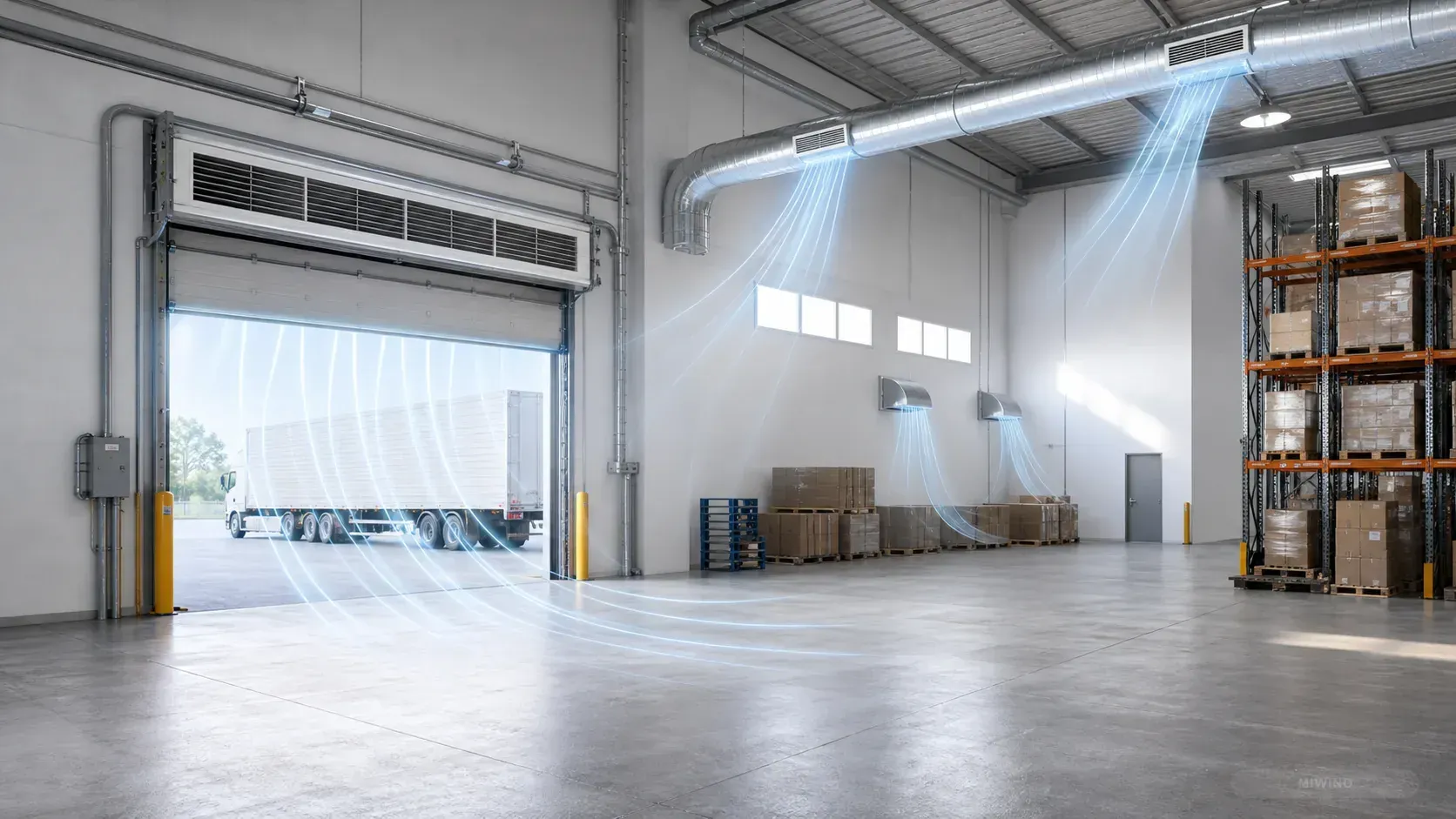 Warehouse loading area with airflow zoning and ventilation paths
